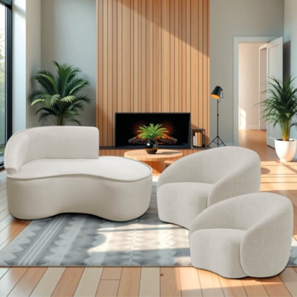 Kit Divã Recamier Orgânico Marrocos 150cm Lado Direito e 2 Poltronas Amore Linho Bege