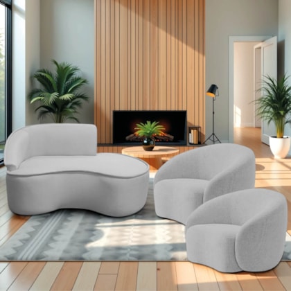 Kit Divã Recamier Orgânico Marrocos 150cm Lado Direito e 2 Poltronas Amore Linho Cinza Claro