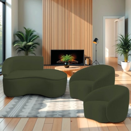 Kit Divã Recamier Orgânico Marrocos 150cm Lado Direito e 2 Poltronas Amore Linho Verde