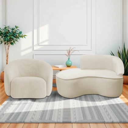 Kit Divã Recamier Orgânico Marrocos 150cm Lado Esquerdo e 1 Poltronas Amore Bouclé Bege