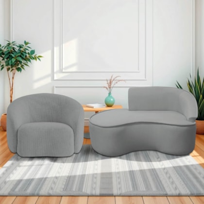 Kit Divã Recamier Orgânico Marrocos 150cm Lado Esquerdo e 1 Poltronas Amore Bouclé Cinza