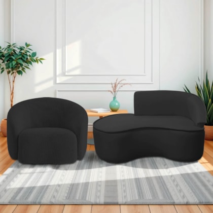 Kit Divã Recamier Orgânico Marrocos 150cm Lado Esquerdo e 1 Poltronas Amore Bouclé Preto