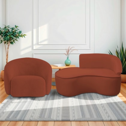 Kit Divã Recamier Orgânico Marrocos 150cm Lado Esquerdo e 1 Poltronas Amore Bouclé Terracota