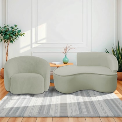 Kit Divã Recamier Orgânico Marrocos 150cm Lado Esquerdo e 1 Poltronas Amore Bouclé Verde Oliva