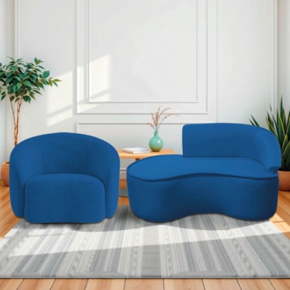 Kit Divã Recamier Orgânico Marrocos 150cm Lado Esquerdo e 1 Poltronas Amore Linho Azul Royal