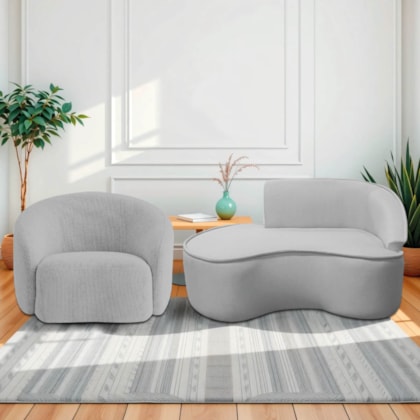 Kit Divã Recamier Orgânico Marrocos 150cm Lado Esquerdo e 1 Poltronas Amore Linho Cinza Claro