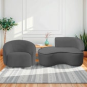 Kit Divã Recamier Orgânico Marrocos 150cm Lado Esquerdo e 1 Poltronas Amore Linho Cinza Escuro