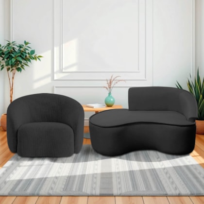Kit Divã Recamier Orgânico Marrocos 150cm Lado Esquerdo e 1 Poltronas Amore Linho Preto