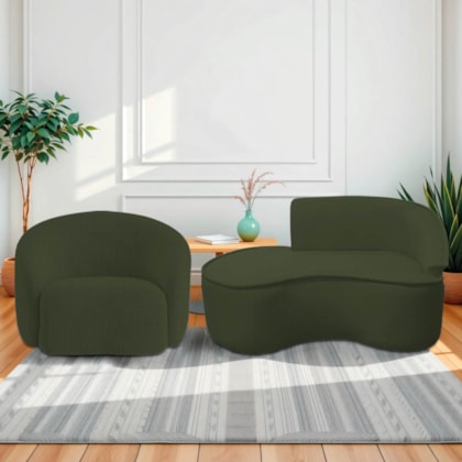 Kit Divã Recamier Orgânico Marrocos 150cm Lado Esquerdo e 1 Poltronas Amore Linho Verde