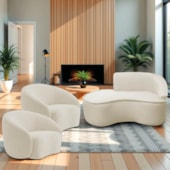 Kit Divã Recamier Orgânico Marrocos 150cm Lado Esquerdo e 2 Poltronas Amore Bouclé Bege