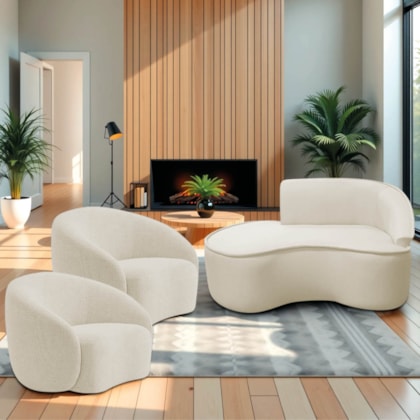 Kit Divã Recamier Orgânico Marrocos 150cm Lado Esquerdo e 2 Poltronas Amore Bouclé Bege