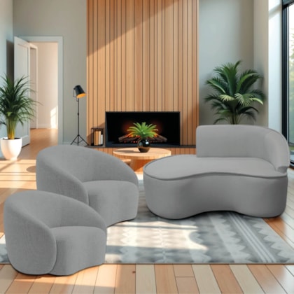 Kit Divã Recamier Orgânico Marrocos 150cm Lado Esquerdo e 2 Poltronas Amore Bouclé Cinza