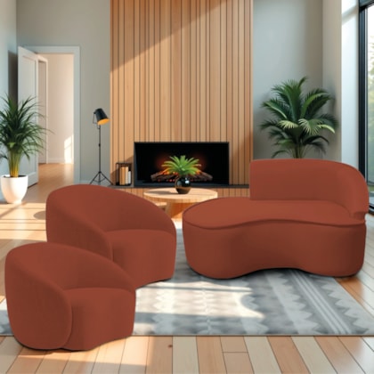 Kit Divã Recamier Orgânico Marrocos 150cm Lado Esquerdo e 2 Poltronas Amore Bouclé Terracota