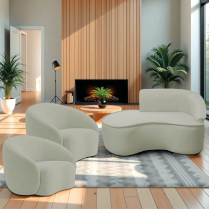 Kit Divã Recamier Orgânico Marrocos 150cm Lado Esquerdo e 2 Poltronas Amore Bouclé Verde Oliva