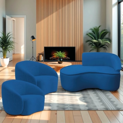 Kit Divã Recamier Orgânico Marrocos 150cm Lado Esquerdo e 2 Poltronas Amore Linho Azul Royal
