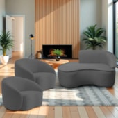 Kit Divã Recamier Orgânico Marrocos 150cm Lado Esquerdo e 2 Poltronas Amore Linho Cinza Escuro