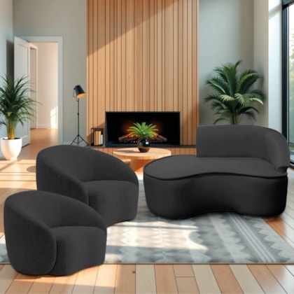 Kit Divã Recamier Orgânico Marrocos 150cm Lado Esquerdo e 2 Poltronas Amore Linho Preto