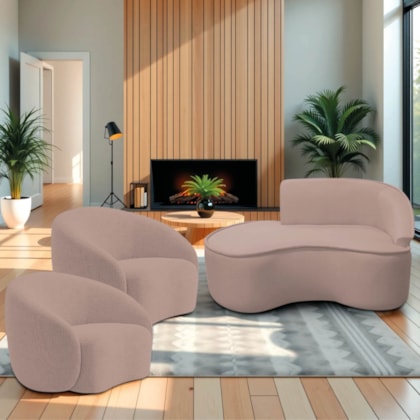Kit Divã Recamier Orgânico Marrocos 150cm Lado Esquerdo e 2 Poltronas Amore Linho Rose