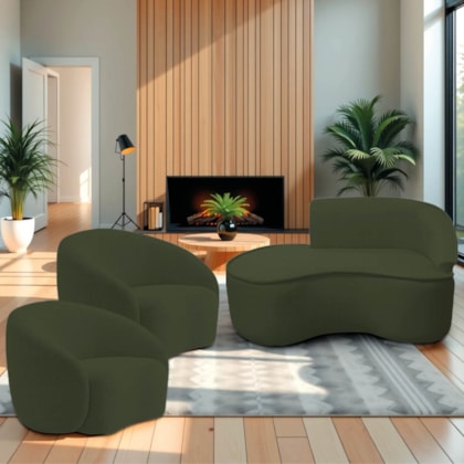 Kit Divã Recamier Orgânico Marrocos 150cm Lado Esquerdo e 2 Poltronas Amore Linho Verde