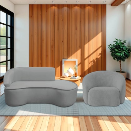 Kit Divã Recamier Orgânico Marrocos 160cm Lado Direito e 1 Poltronas Amore Bouclé Cinza