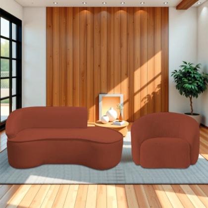 Kit Divã Recamier Orgânico Marrocos 160cm Lado Direito e 1 Poltronas Amore Bouclé Terracota