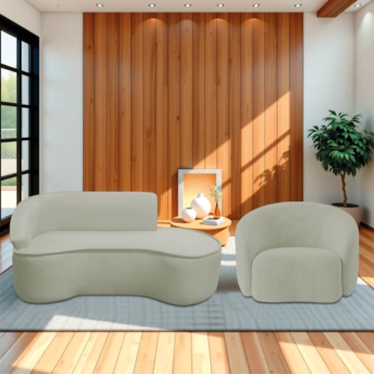 Kit Divã Recamier Orgânico Marrocos 160cm Lado Direito e 1 Poltronas Amore Bouclé Verde Oliva