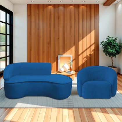 Kit Divã Recamier Orgânico Marrocos 160cm Lado Direito e 1 Poltronas Amore Linho Azul Royal