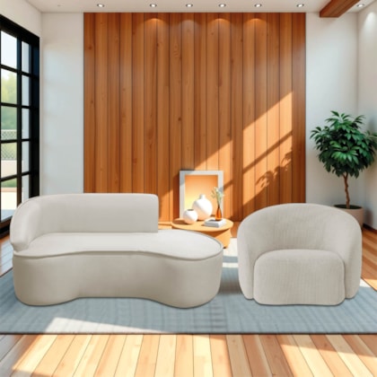 Kit Divã Recamier Orgânico Marrocos 160cm Lado Direito e 1 Poltronas Amore Linho Bege