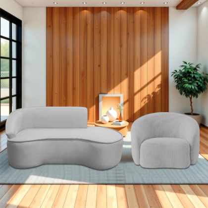 Kit Divã Recamier Orgânico Marrocos 160cm Lado Direito e 1 Poltronas Amore Linho Cinza Claro