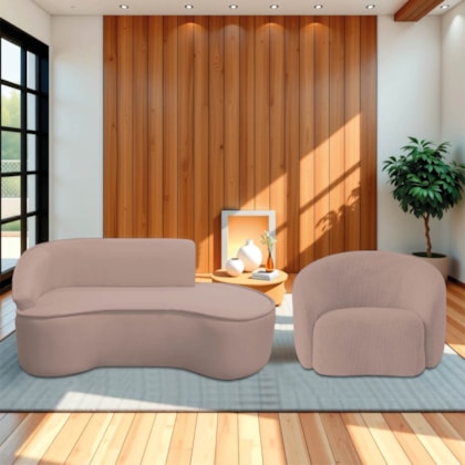 Kit Divã Recamier Orgânico Marrocos 160cm Lado Direito e 1 Poltronas Amore Linho Rose