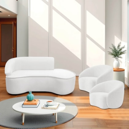 Kit Divã Recamier Orgânico Marrocos 160cm Lado Direito e 2 Poltronas Amore Bouclé Branco
