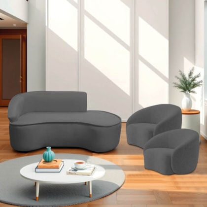 Kit Divã Recamier Orgânico Marrocos 160cm Lado Direito e 2 Poltronas Amore Linho Cinza Escuro