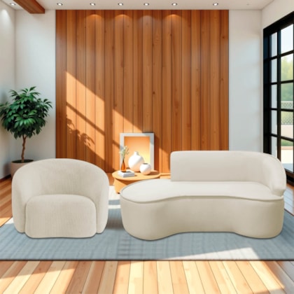 Kit Divã Recamier Orgânico Marrocos 160cm Lado Esquerdo e 1 Poltronas Amore Bouclé Bege