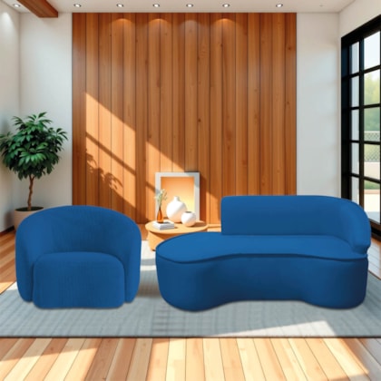 Kit Divã Recamier Orgânico Marrocos 160cm Lado Esquerdo e 1 Poltronas Amore Linho Azul Royal