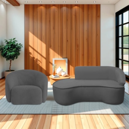 Kit Divã Recamier Orgânico Marrocos 160cm Lado Esquerdo e 1 Poltronas Amore Linho Cinza Escuro