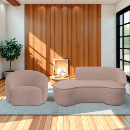 Kit Divã Recamier Orgânico Marrocos 160cm Lado Esquerdo e 1 Poltronas Amore Linho Rose