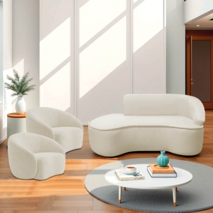 Kit Divã Recamier Orgânico Marrocos 160cm Lado Esquerdo e 2 Poltronas Amore Bouclé Bege