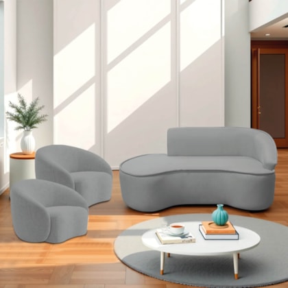 Kit Divã Recamier Orgânico Marrocos 160cm Lado Esquerdo e 2 Poltronas Amore Bouclé Cinza