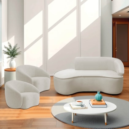 Kit Divã Recamier Orgânico Marrocos 160cm Lado Esquerdo e 2 Poltronas Amore Linho Bege