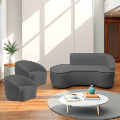 Kit Divã Recamier Orgânico Marrocos 160cm Lado Esquerdo e 2 Poltronas Amore Linho Cinza Escuro