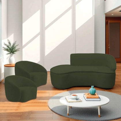 Kit Divã Recamier Orgânico Marrocos 160cm Lado Esquerdo e 2 Poltronas Amore Linho Verde
