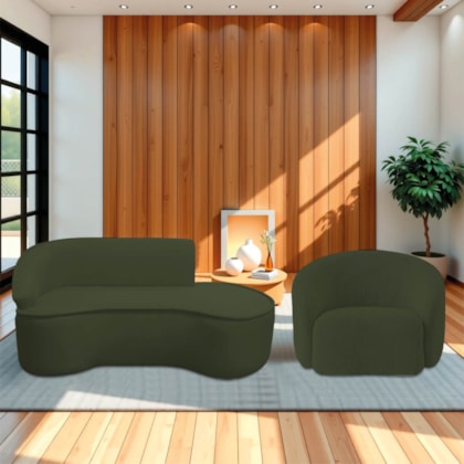 Kit Divã Recamier Orgânico Marrocos 180cm Lado Direito e 1 Poltronas Amore Linho Verde