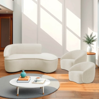 Kit Divã Recamier Orgânico Marrocos 180cm Lado Direito e 2 Poltronas Amore Bouclé Bege