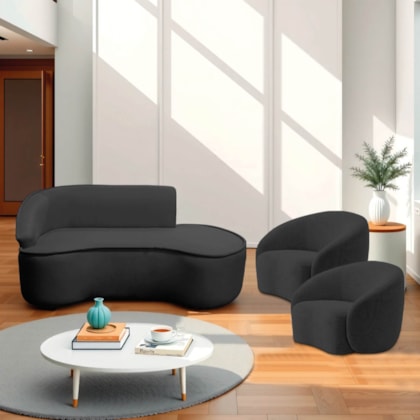 Kit Divã Recamier Orgânico Marrocos 180cm Lado Direito e 2 Poltronas Amore Linho Preto