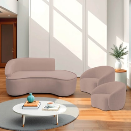 Kit Divã Recamier Orgânico Marrocos 180cm Lado Direito e 2 Poltronas Amore Linho Rose