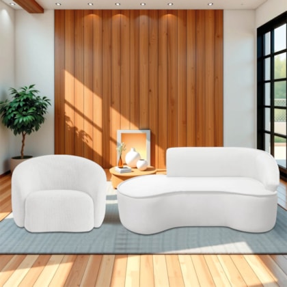 Kit Divã Recamier Orgânico Marrocos 180cm Lado Esquerdo e 1 Poltronas Amore Bouclé Branco