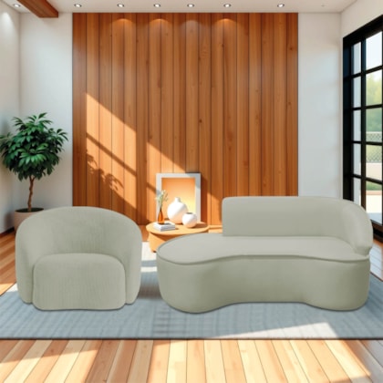 Kit Divã Recamier Orgânico Marrocos 180cm Lado Esquerdo e 1 Poltronas Amore Bouclé Verde Oliva