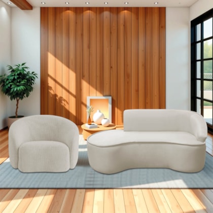 Kit Divã Recamier Orgânico Marrocos 180cm Lado Esquerdo e 1 Poltronas Amore Linho Bege