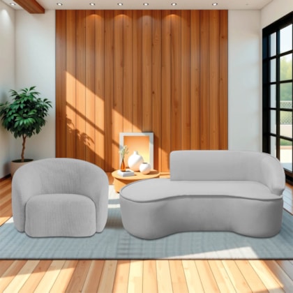 Kit Divã Recamier Orgânico Marrocos 180cm Lado Esquerdo e 1 Poltronas Amore Linho Cinza Claro