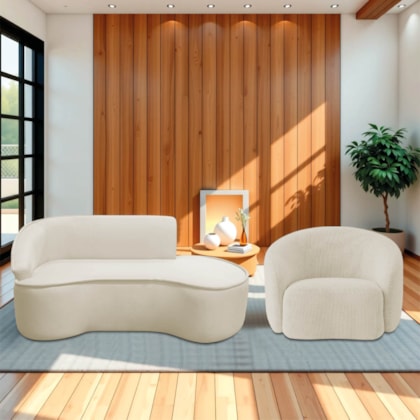 Kit Divã Recamier Orgânico Marrocos 200cm Lado Direito e 1 Poltronas Amore Bouclé Bege
